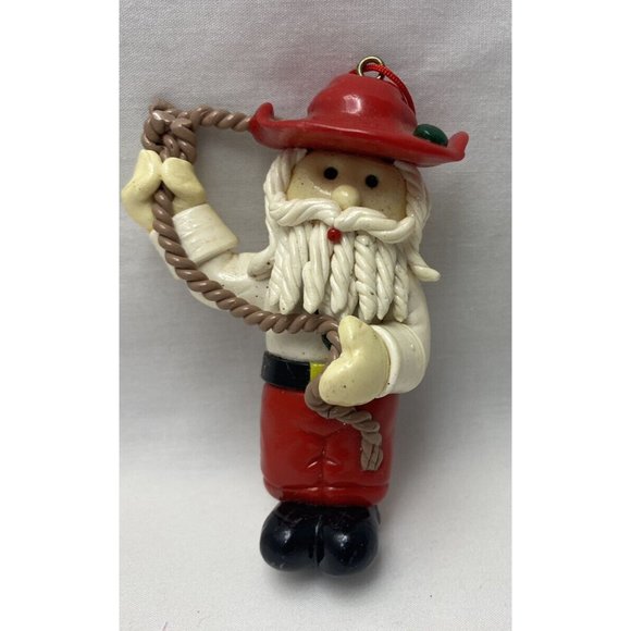 Vintage Christmas Tree Ornament Salt Dough Santa Cowboy Spaghetti Beard - Picture 1 of 6